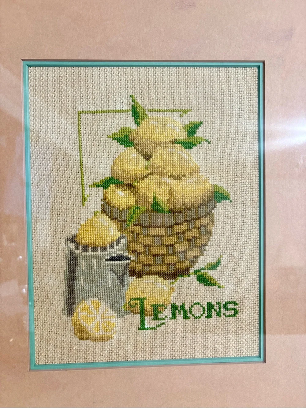 Vintage Lemon Basket Cross-Stitch Wall Art - Yellow, Green, Brown